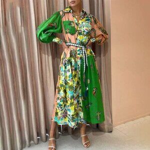 Boho Women's V-Neck Lantern Sleeve A-Line Patchwork Dress